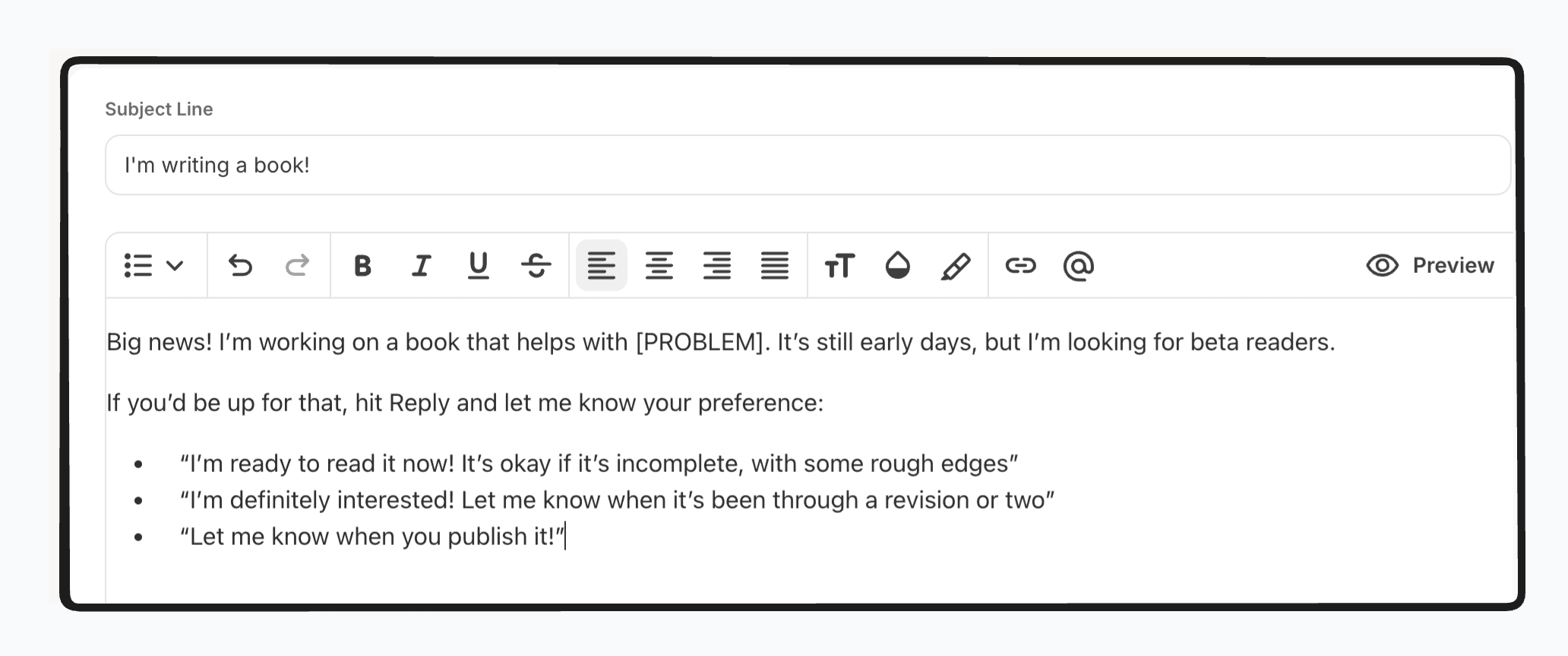 screenshot of an email asking readers whether they'd like early access to a messy draft, later access to a nearly-finished book, or just an update when it's published