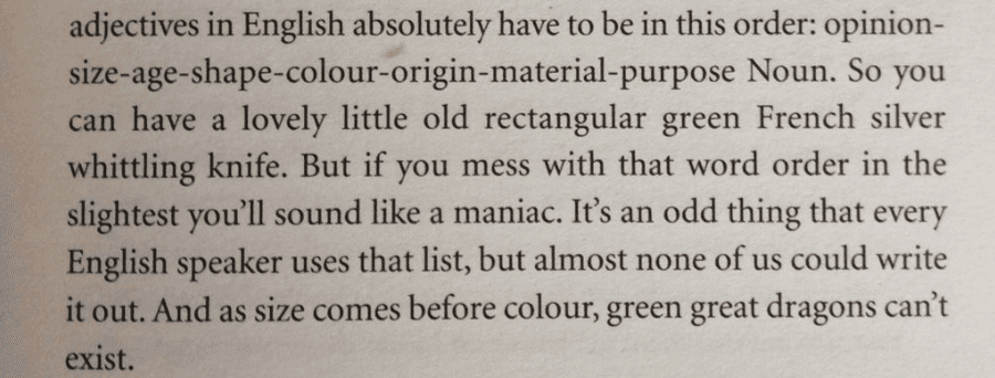 screenshot of elements of eloquence quote about the order of adjectives in English