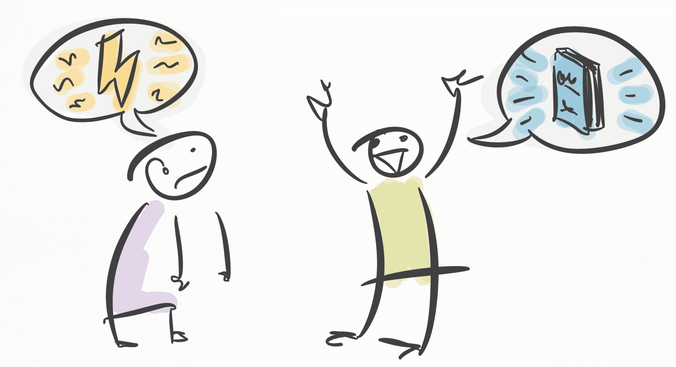 drawing of one person raving about a book to another person