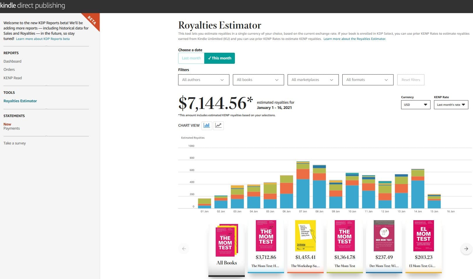 screenshot of amazon dashboard showing 2 weeks' royalties