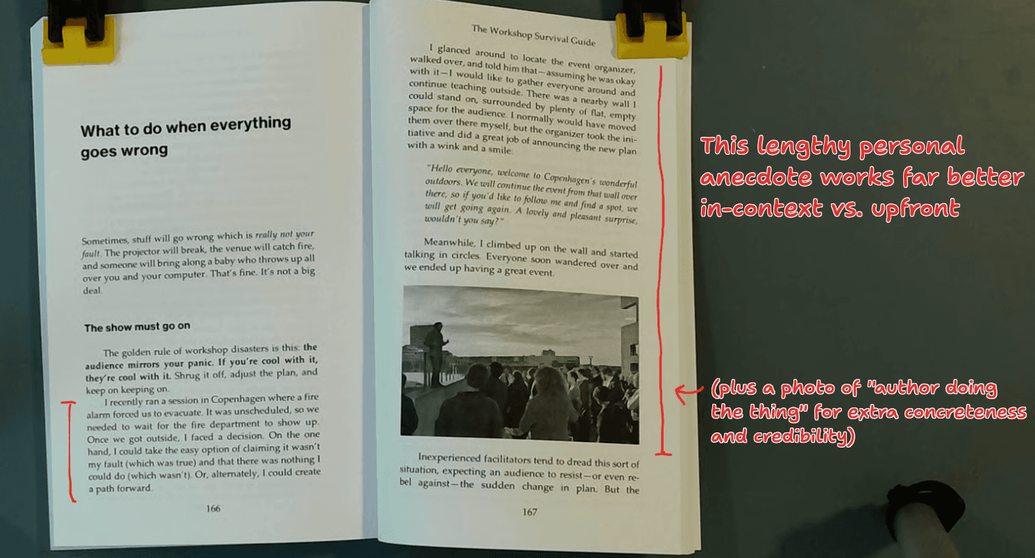 photo of the Workshop Survival Guide, open to a page with a relevant author's anecdote