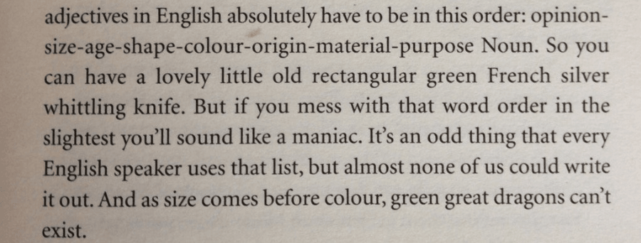 screenshot of elements of eloquence quote about the order of adjectives in English