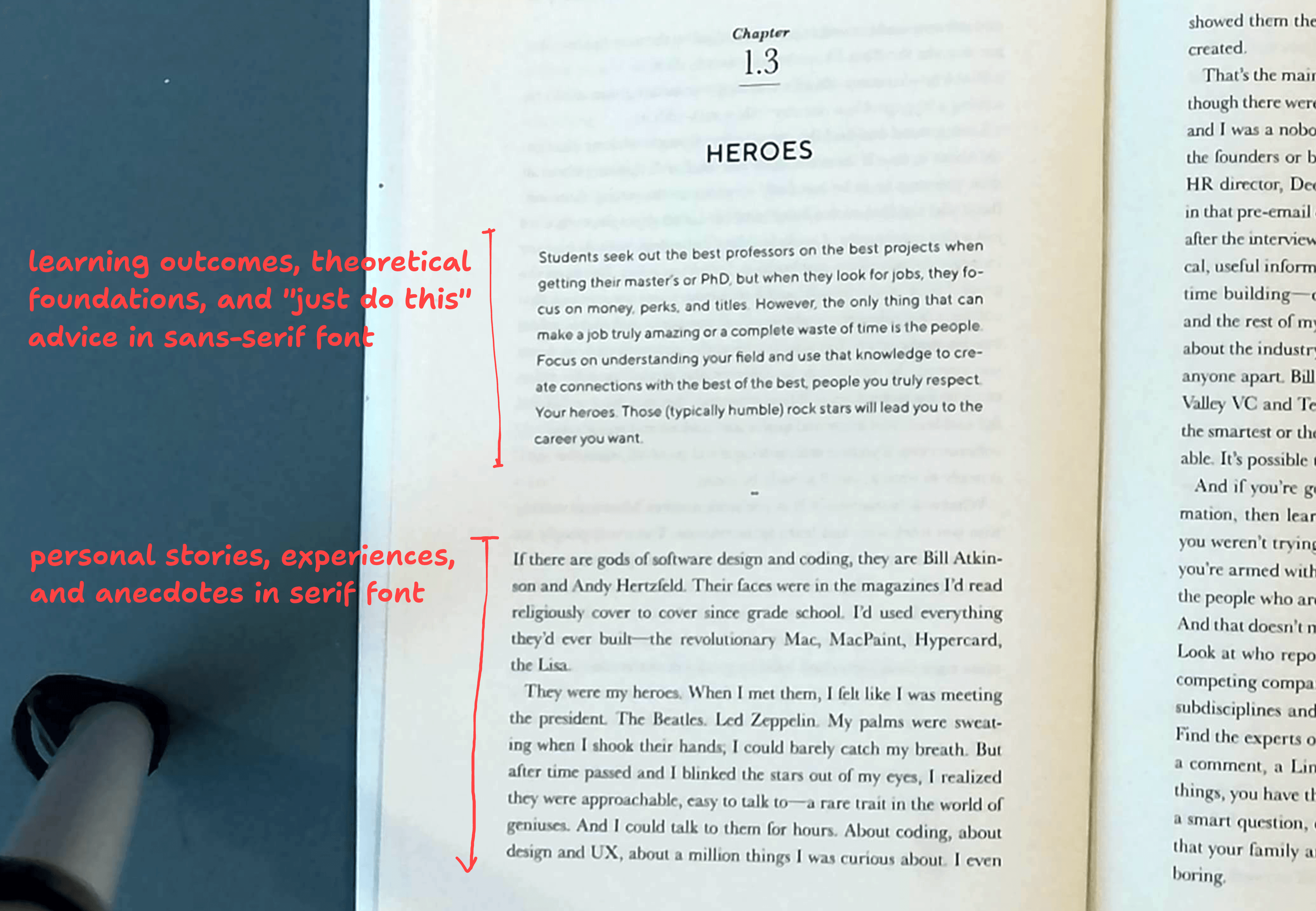 An 'inverted' example from Tony Fadell's Build, where the bulk of the book is biographical, but still usually visually distinctive typography to separate the author's story (serif font) from the author's advice (sans-serif).