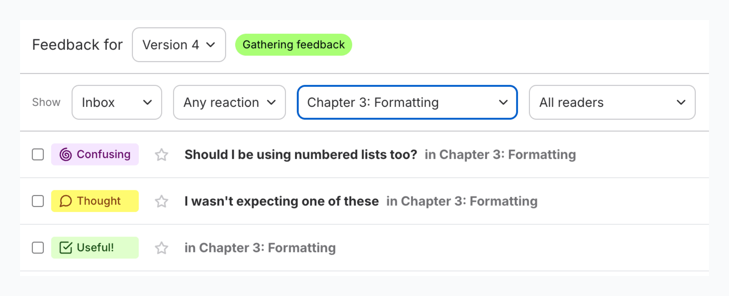 Help This Book dashboard with reader feedback sorted by chapter